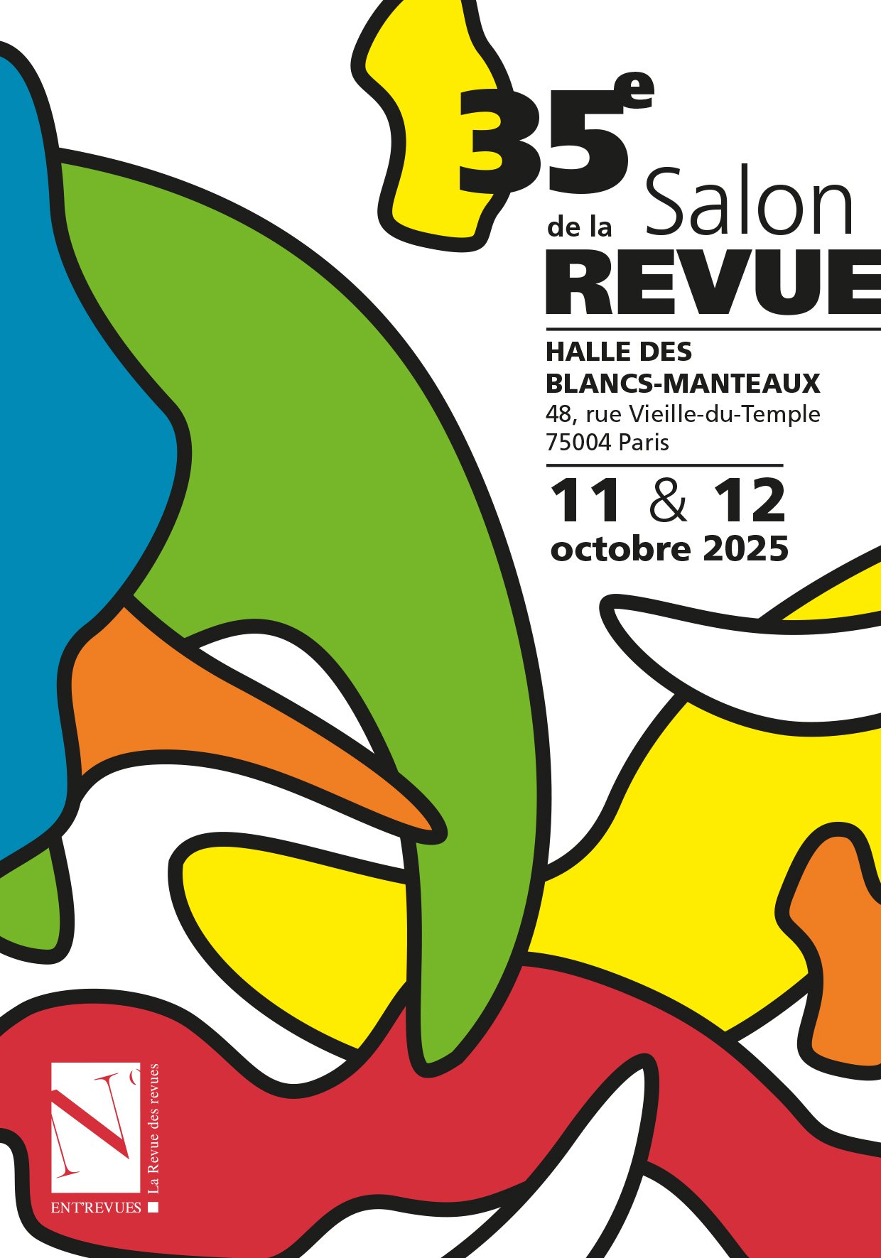 Carte du salon de la revue, motifs abstraits. Adresse; Halle des blancs manteaux, 48 rue Vieille-du-Temple, 75004 Paris. 11 et 12 octobre 2025